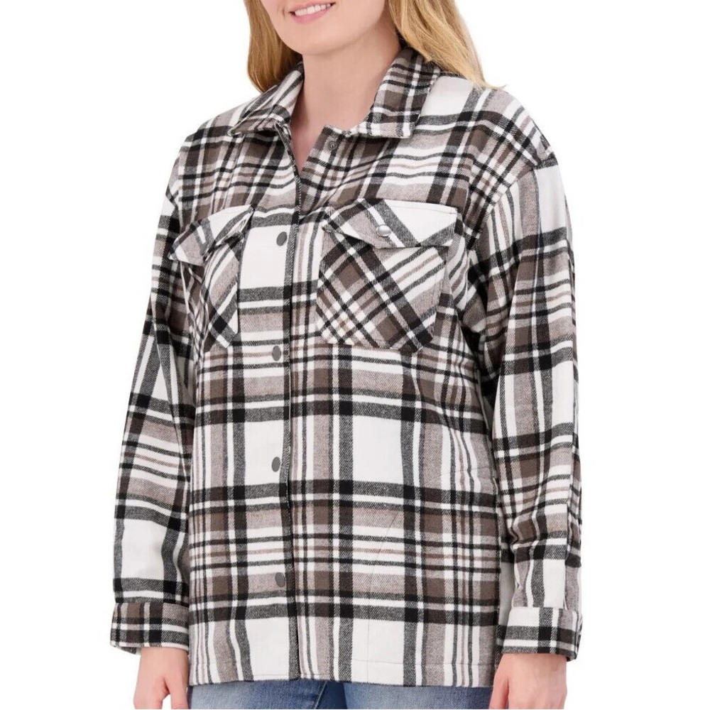 HFX Womens Plaid Shacket Brown White Black Button Front Shirt Jacket 1534711 L